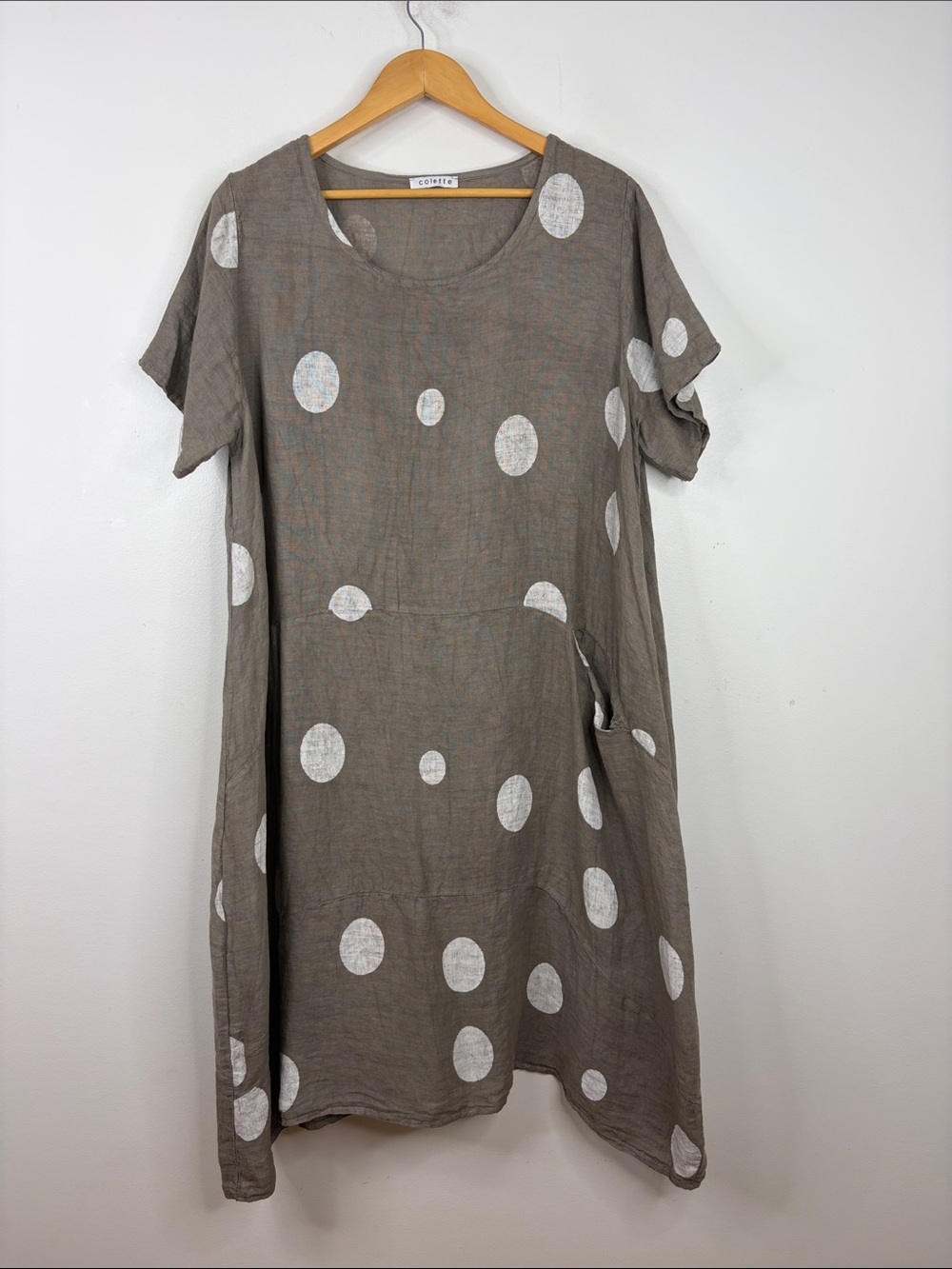 Colette Linen Dress Womens XL XXL Taupe Brown White Polka Dot Midi Pockets Italy
